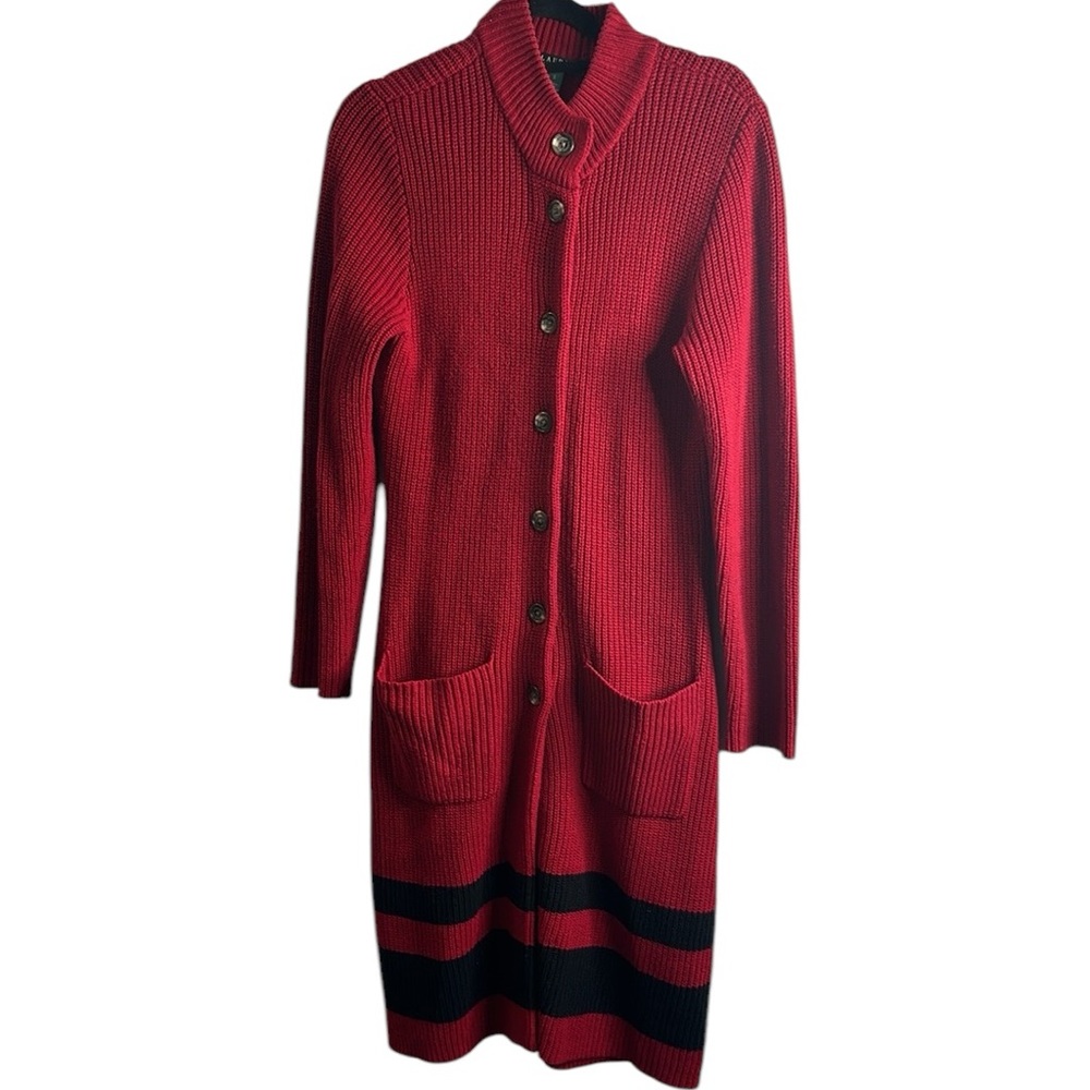 Lauren Ralph Lauren red black stripes knit long sweeter coat size small